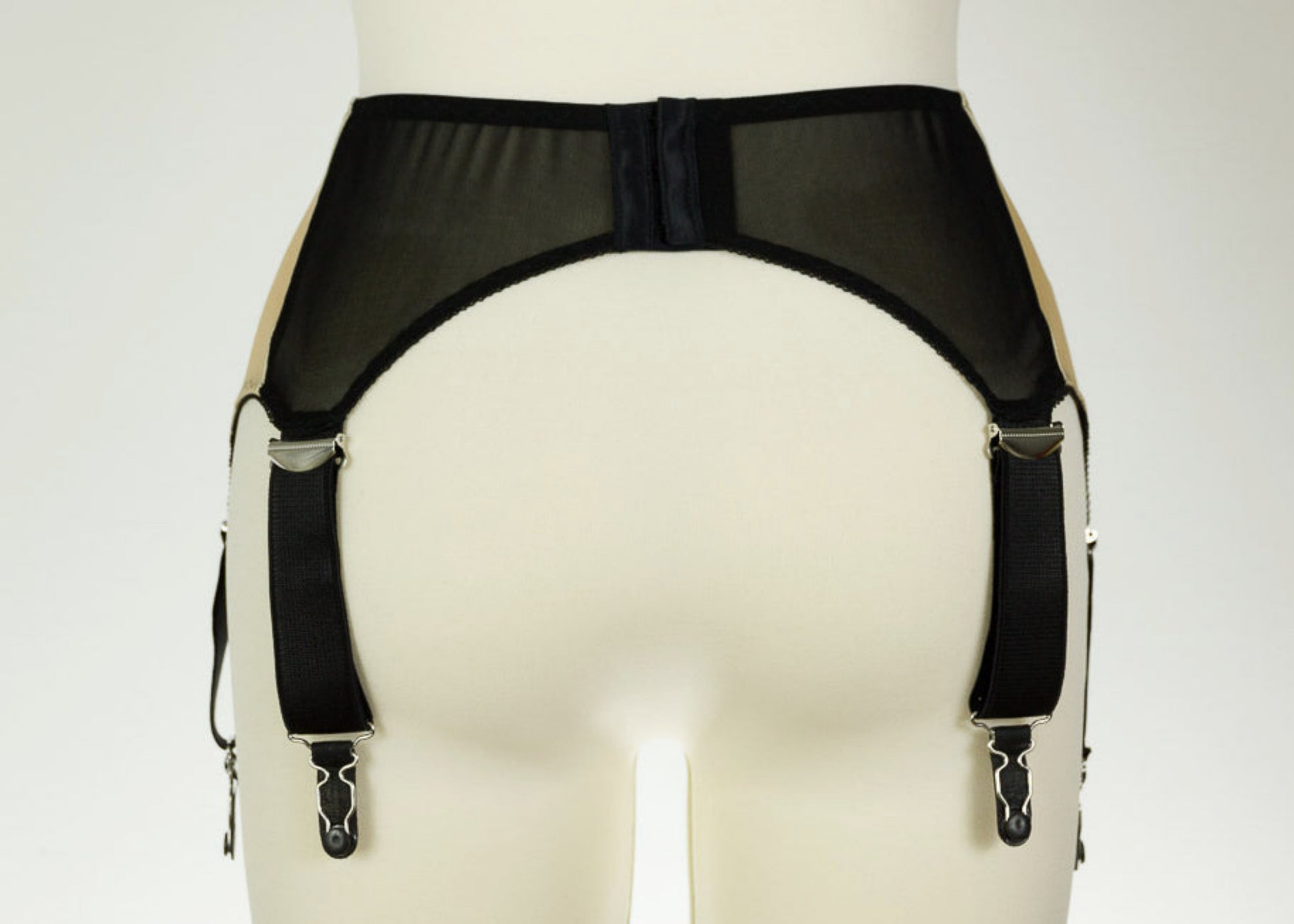 wide, vintage style, Grace garter belt, beige with black mesh panels and 6 extra wide straps, back view