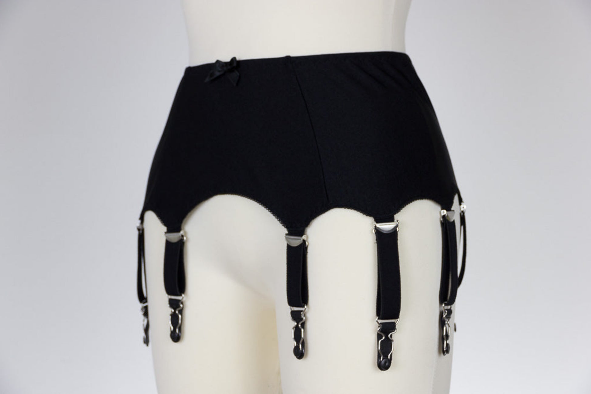 retro style black 10 strap Greta garter belt, side view