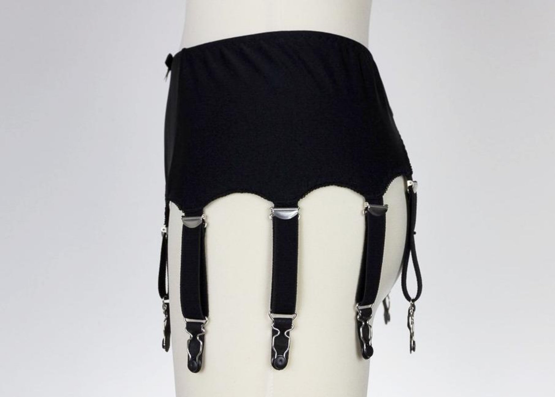 retro style black 10 strap Greta garter belt, side view
