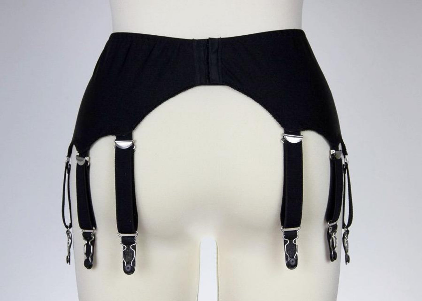 retro style black 10 strap Greta garter belt, back view