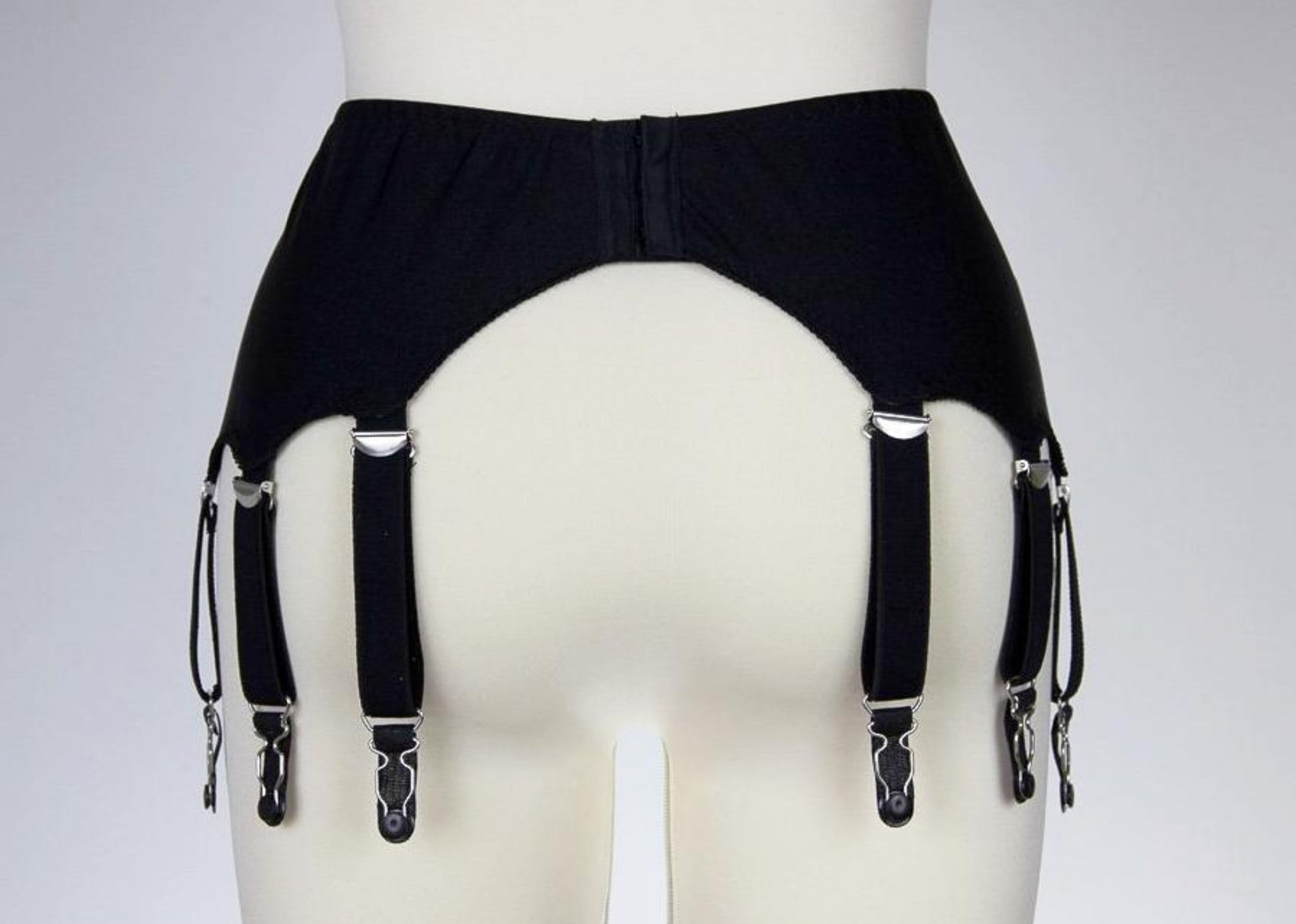retro style black 10 strap Greta garter belt, back view