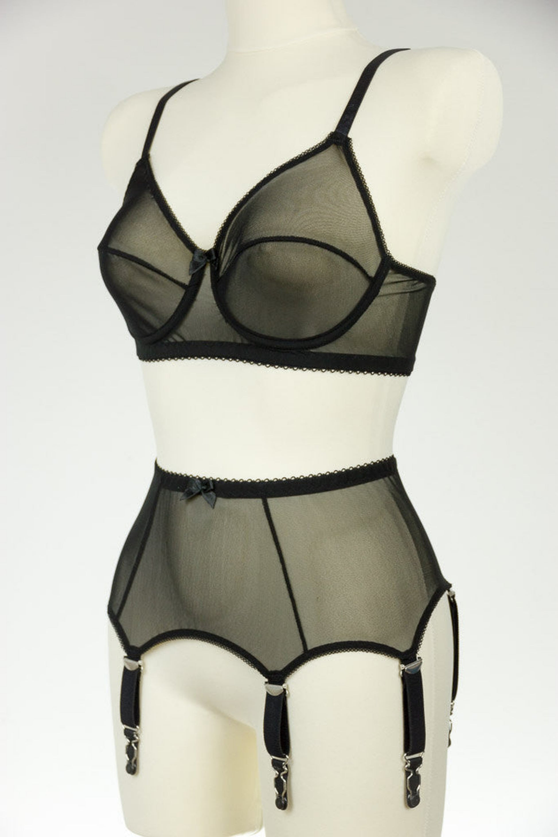 black Sheer full cup Lily bra, Underwired, mesh Bra, shown with matching Lula garter belt