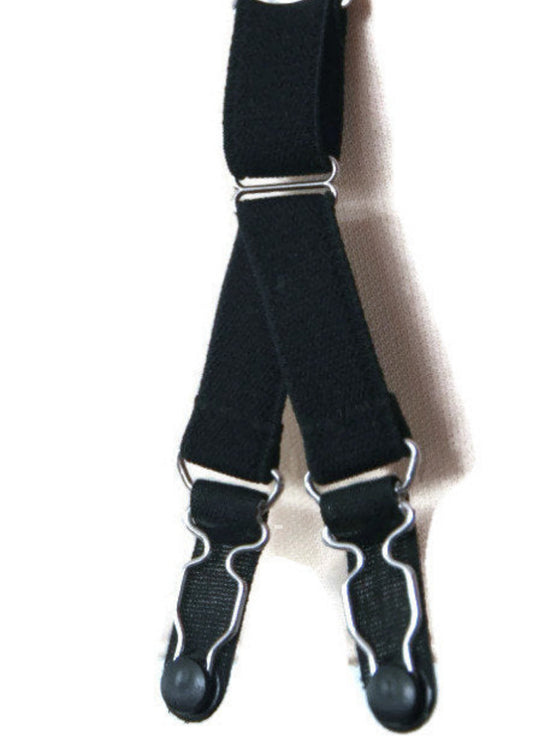 A pair of black Y-straps with adjustable plastic clips and metal hardware, designed for use with garter belts.