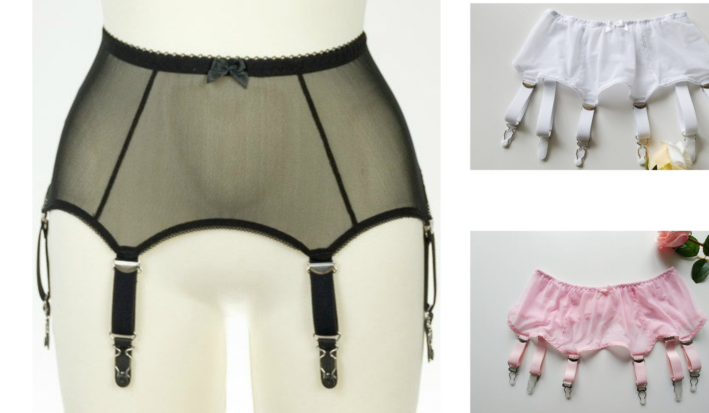 Black White Pink Beige Sheer mesh GRETA 6 strap Garter belt Transparent Suspender Belt - Size XS-4XL