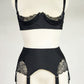 black, retro style, 6 strap Scarlett garter belt with black straps and lace side inserts, shown with matching Lucy quarter cup bra