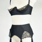 black, retro style, 6 strap Scarlett garter belt with black straps and lace side inserts, shown with matching Lucy quarter cup bra, side view