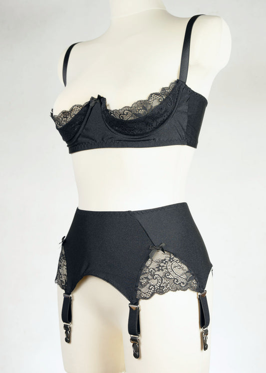 black, retro style, 6 strap Scarlett garter belt with black straps and lace side inserts, shown with matching Lucy quarter cup bra, side view