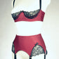 dark red retro style, 6 strap Scarlett garter belt with black straps and lace side inserts, shown with matching Lucy quarter cup bra