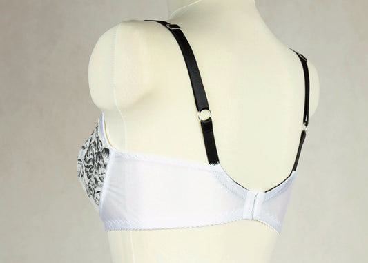 white and black lace soft cup bra, size US 34C or EU 75C, back view
