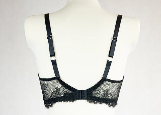 black soft wireless bra/bralette, made in black stretch lace, size 34B or European size 75B, back view
