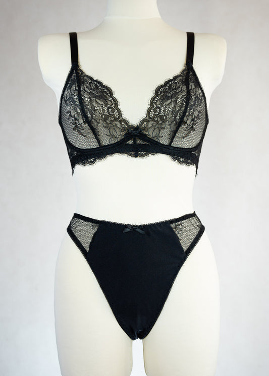 black high waist Ivy thong panties with lace side panels