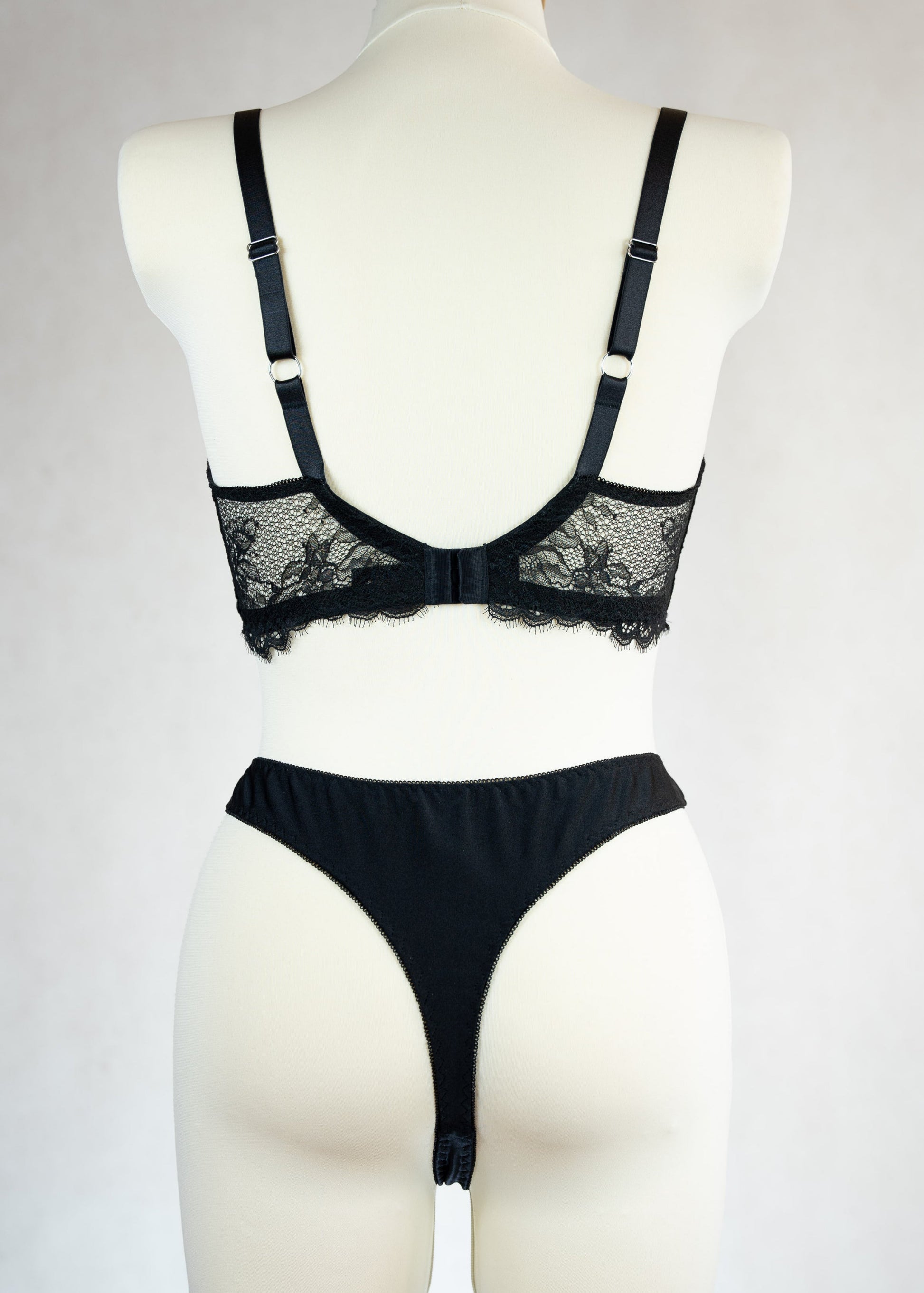 black high waist Ivy thong panties with lace side panels, rear view