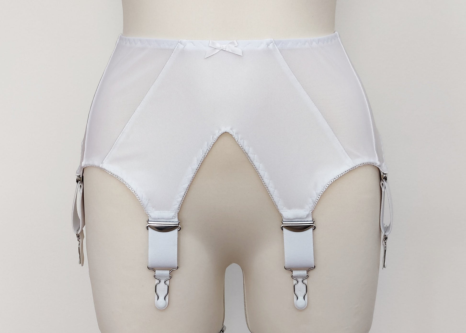 white, wide, vintage style, Grace garter belt, with 6 extra wide straps and mesh panels