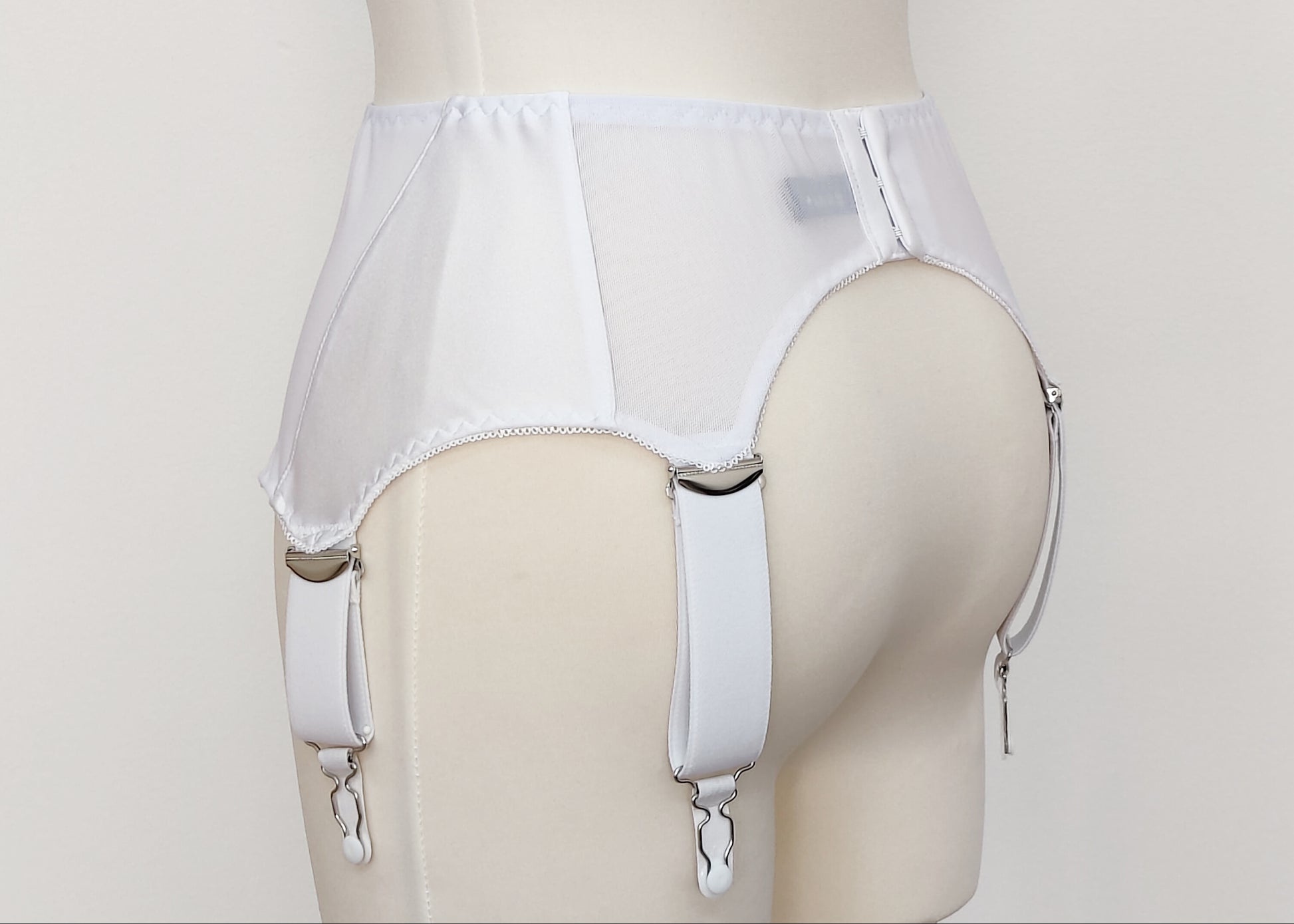 white, wide, vintage style, Grace garter belt, with 6 extra wide straps and mesh panels, back view