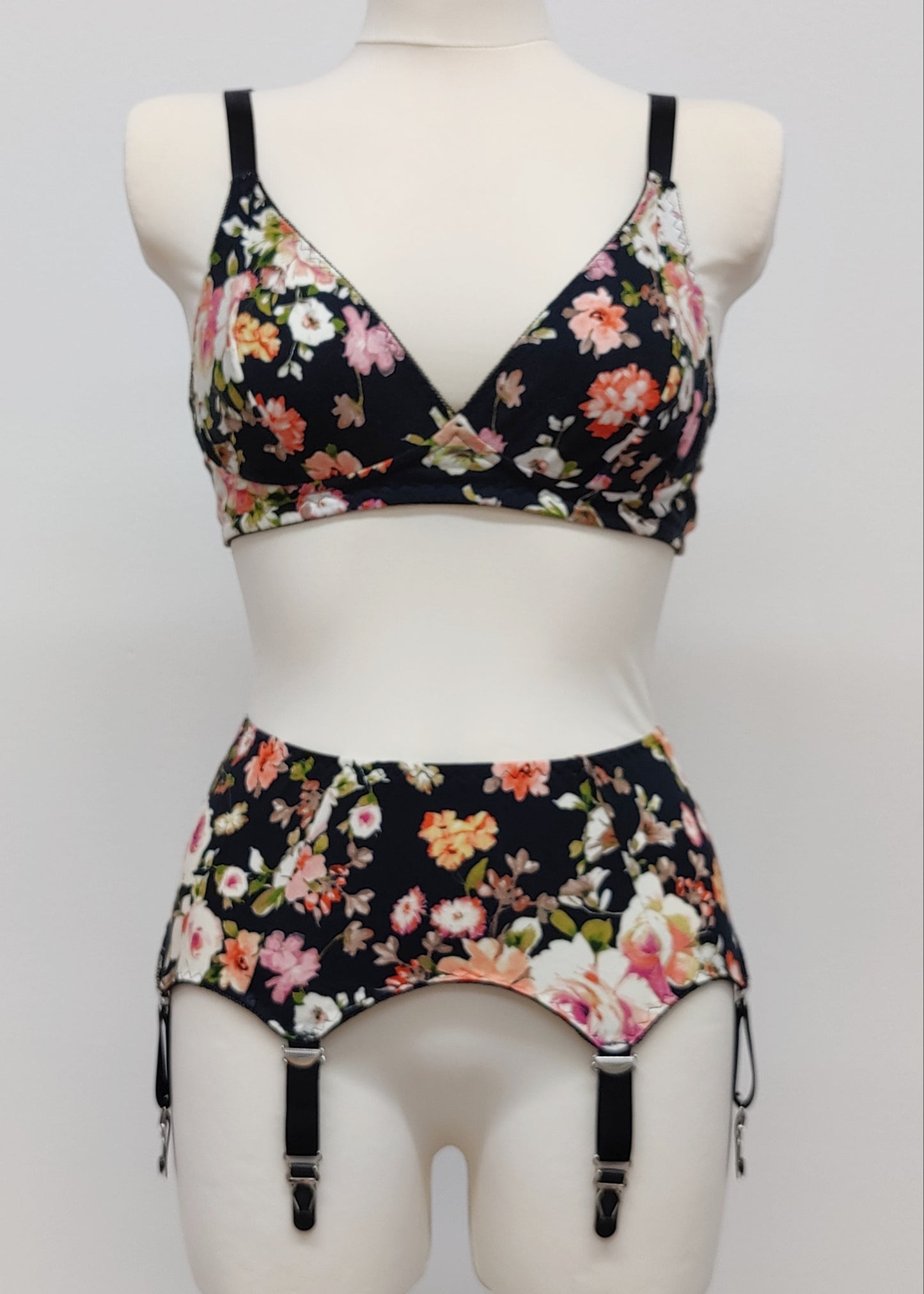 pink and orange florals on black, Veronica 6 strap garter belt