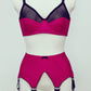 magenta pink wide vintage style Iris garter belt, with black trim and 6 extra wide black straps, here shown with matching Audrey full cup bra