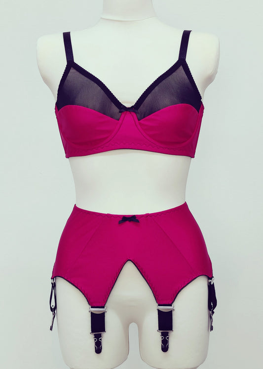 magenta pink wide vintage style Iris garter belt, with black trim and 6 extra wide black straps, here shown with matching Audrey full cup bra