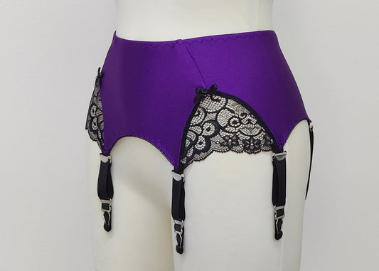 purple with black lace and 6 straps Scarlett garter belt in size S, side view