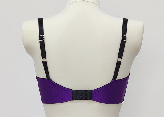Purple LUCY Quarter cup bra with black lace and straps, size US 34C or EU 75C, back view