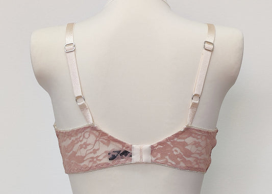 pinkish-beige soft wireless bra/bralette, made in allover stretch lace, size 36C or 80C, back view