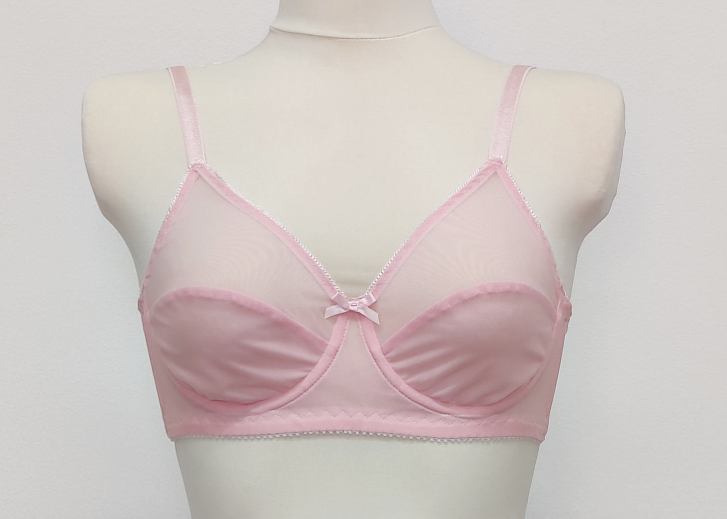 pink Sheer full cup Lily bra, Underwired, mesh Bra, shown with matching Irma panties and Lula garter belt