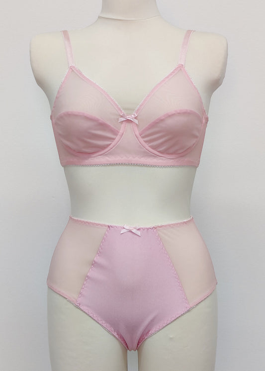 pink Sheer full cup Lily bra, Underwired, mesh Bra, shown with matching Mia panties 