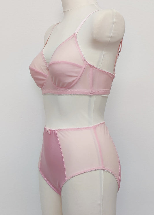 pink Sheer full cup Lily bra, Underwired, mesh Bra, shown with matching Mia panties, side view