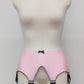 pink wide vintage style Iris garter belt, with black trim and 6 extra wide black straps 