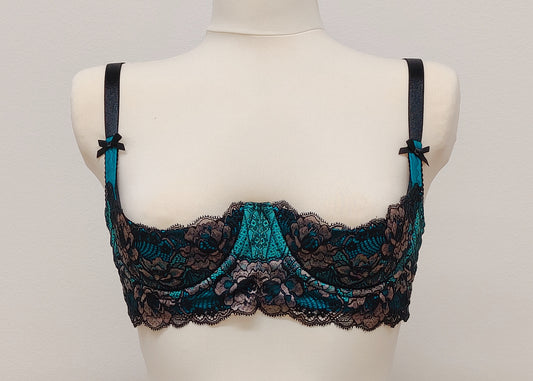 Teal and Black Lace LUCREZIA Quarter Cup Bra