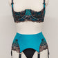 teal and black lace quarter cup bra with matching garter belt