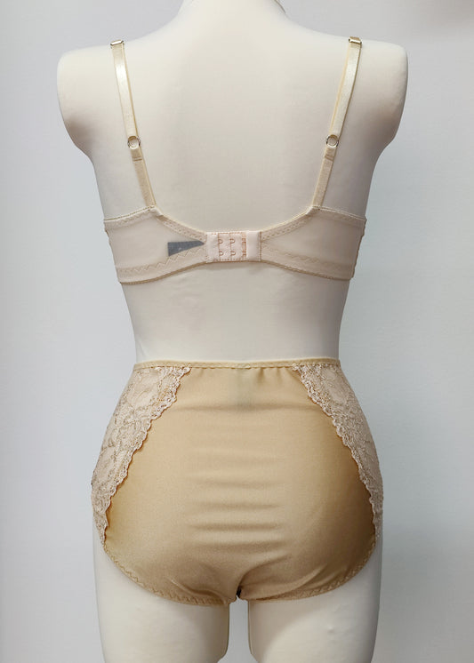 beige high waist panties with lace side panels, with matching Coco bralette, back view