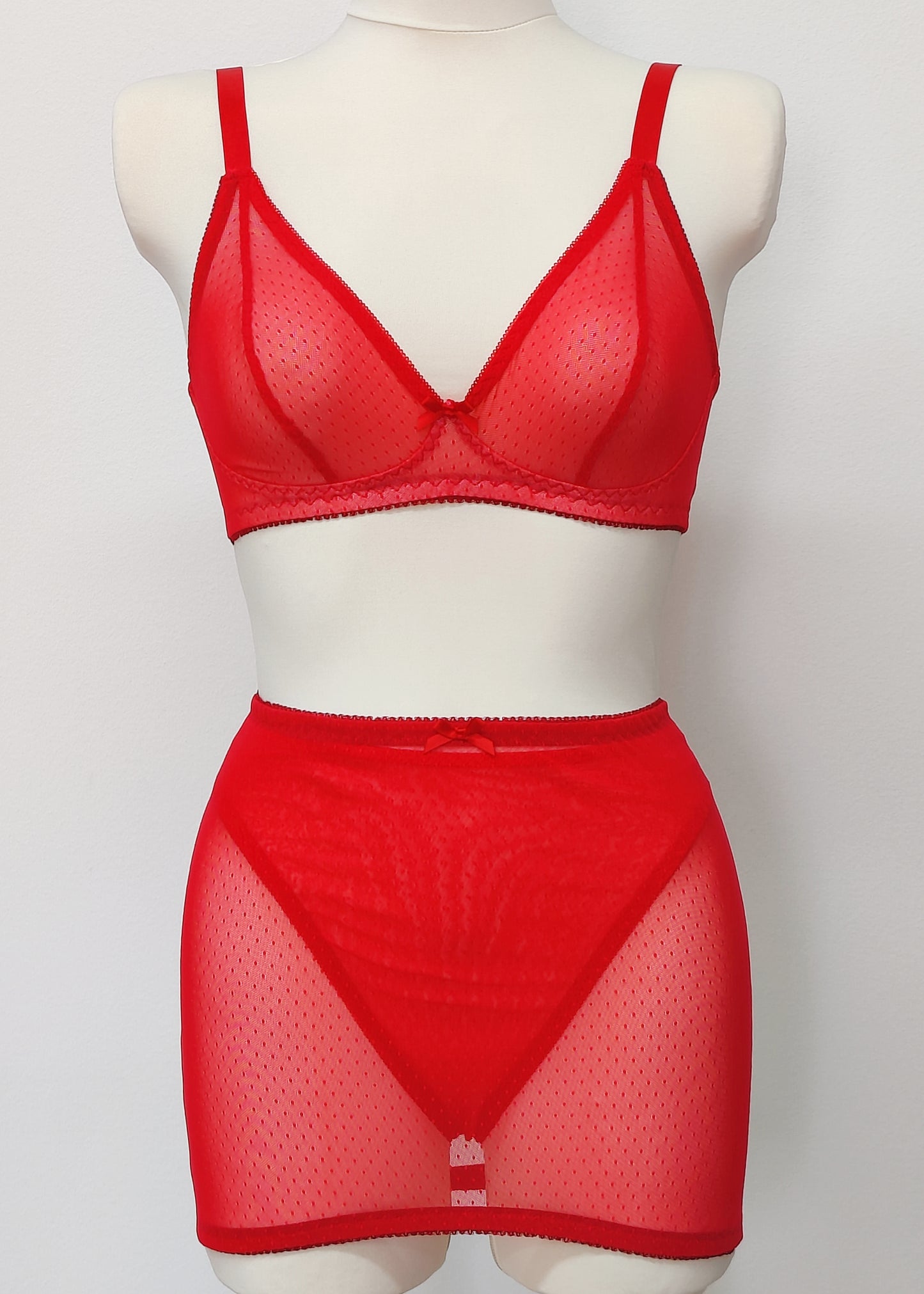 red dot mesh Chloe bralette, here shown in combination with custom made girdle