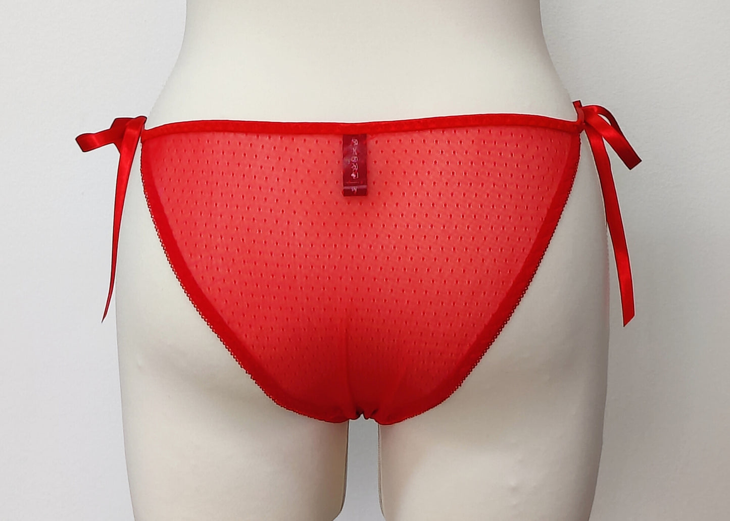 red side binding Irma panties made with dotted lingerie mesh, back view