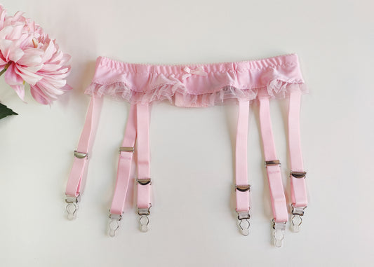 pink narrow 60's style, 6 strap garter belt with ruffle trim