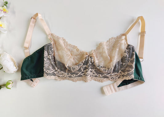 green and beige lace bra