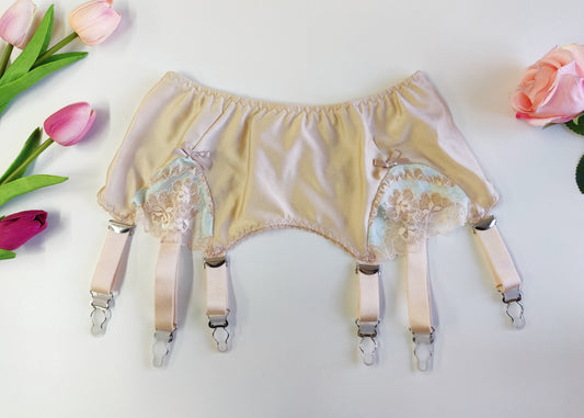 beige retro 6 strap garter belt with beige and mint lace panels