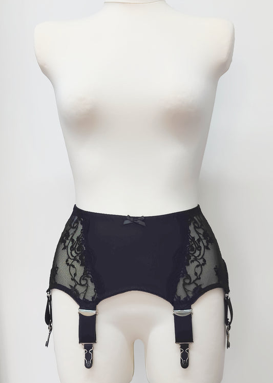 black lace, wide retro garter belt with  6 extra wide straps