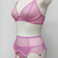 sheer pink star Chloe bralette, here shown with matching panties and garter belt