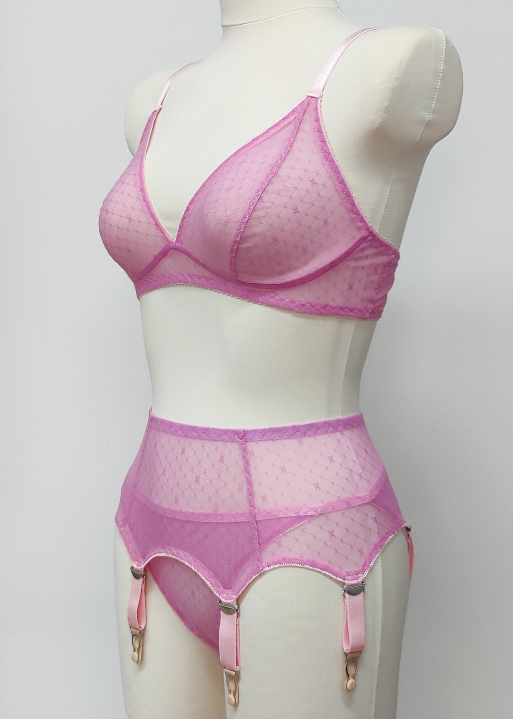 sheer pink star Chloe bralette, here shown with matching panties and garter belt