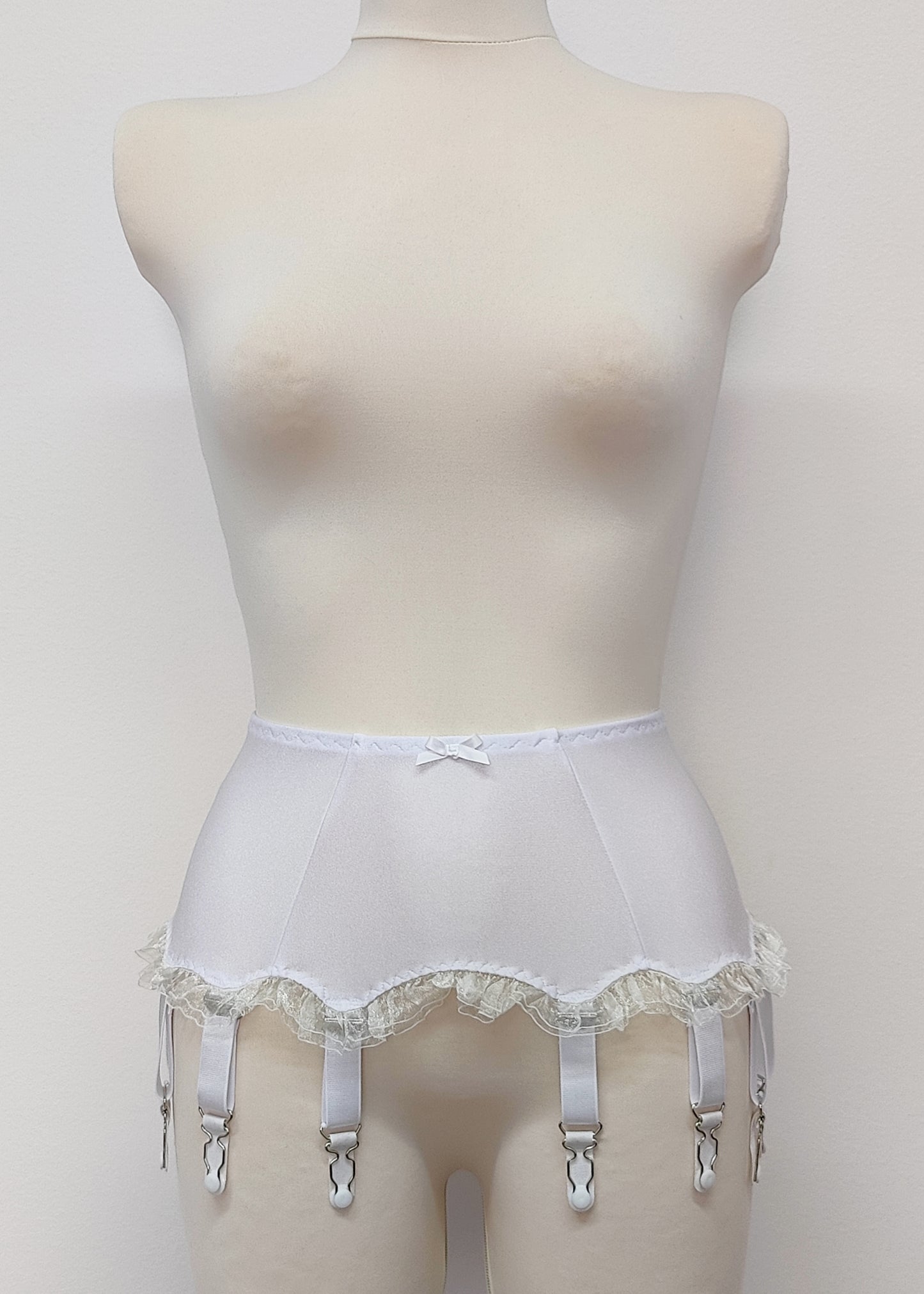 White 10 strap Gigi garter belt with ruffle trim