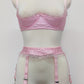 pink Lilith quarter cup bra with ruffle trim, with matching Summer garter belt