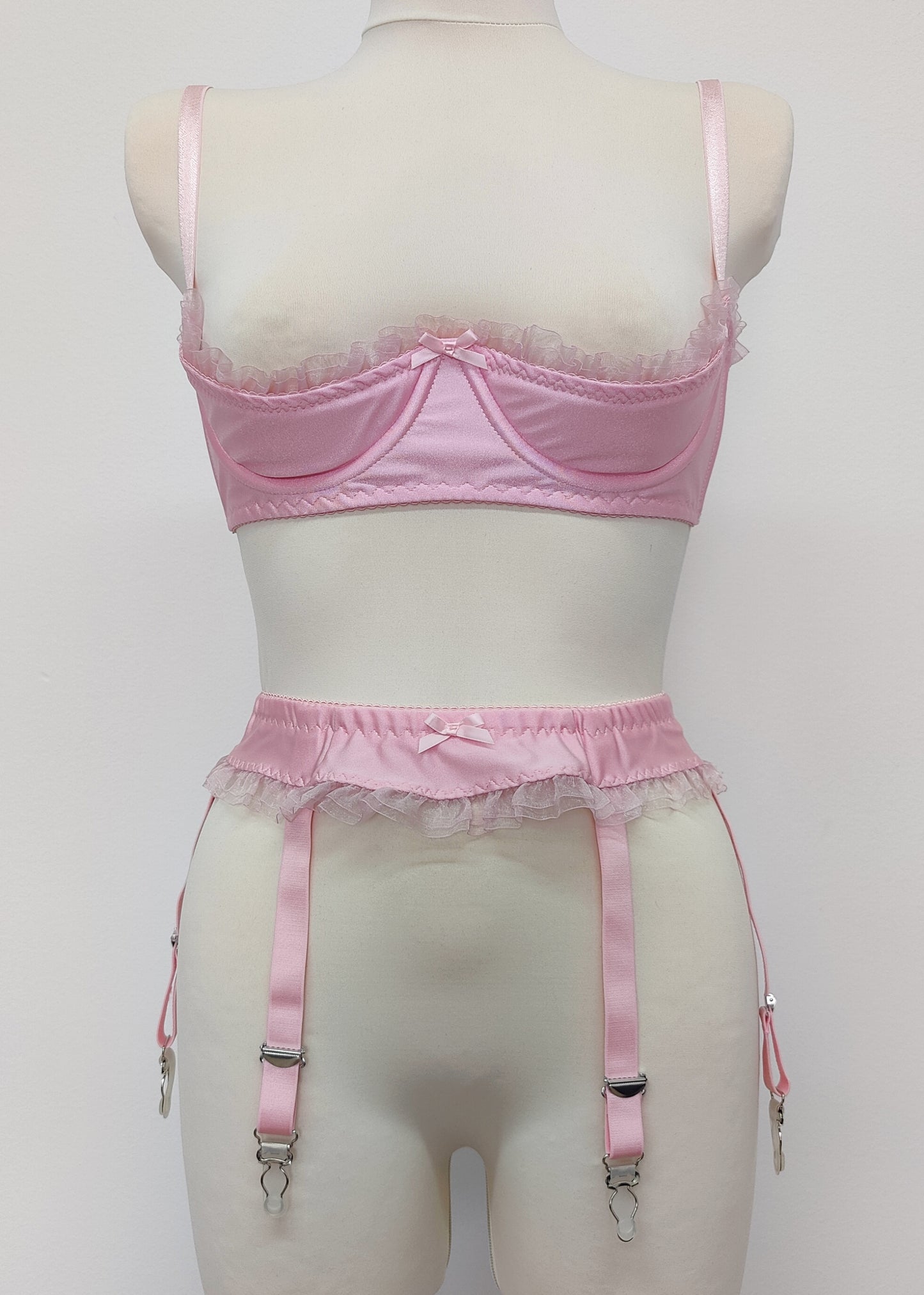 pink Lilith quarter cup bra with ruffle trim, with matching Summer garter belt