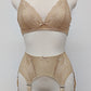 beige lace soft Coco bralette, shown with matching 6 strap Mona garter belt