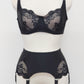 Black lace Alice bra, shown with matching black, wide, 6 strap Scarlett garter belt with side lace inserts 