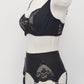 black, wide, 6 strap Scarlett garter belt with side lace inserts, shown with matching Alice bra, side view