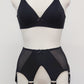 wide, vintage style, Grace garter belt, black with 6 extra wide straps and mesh panels. here shown with black cotton Olivia bralette