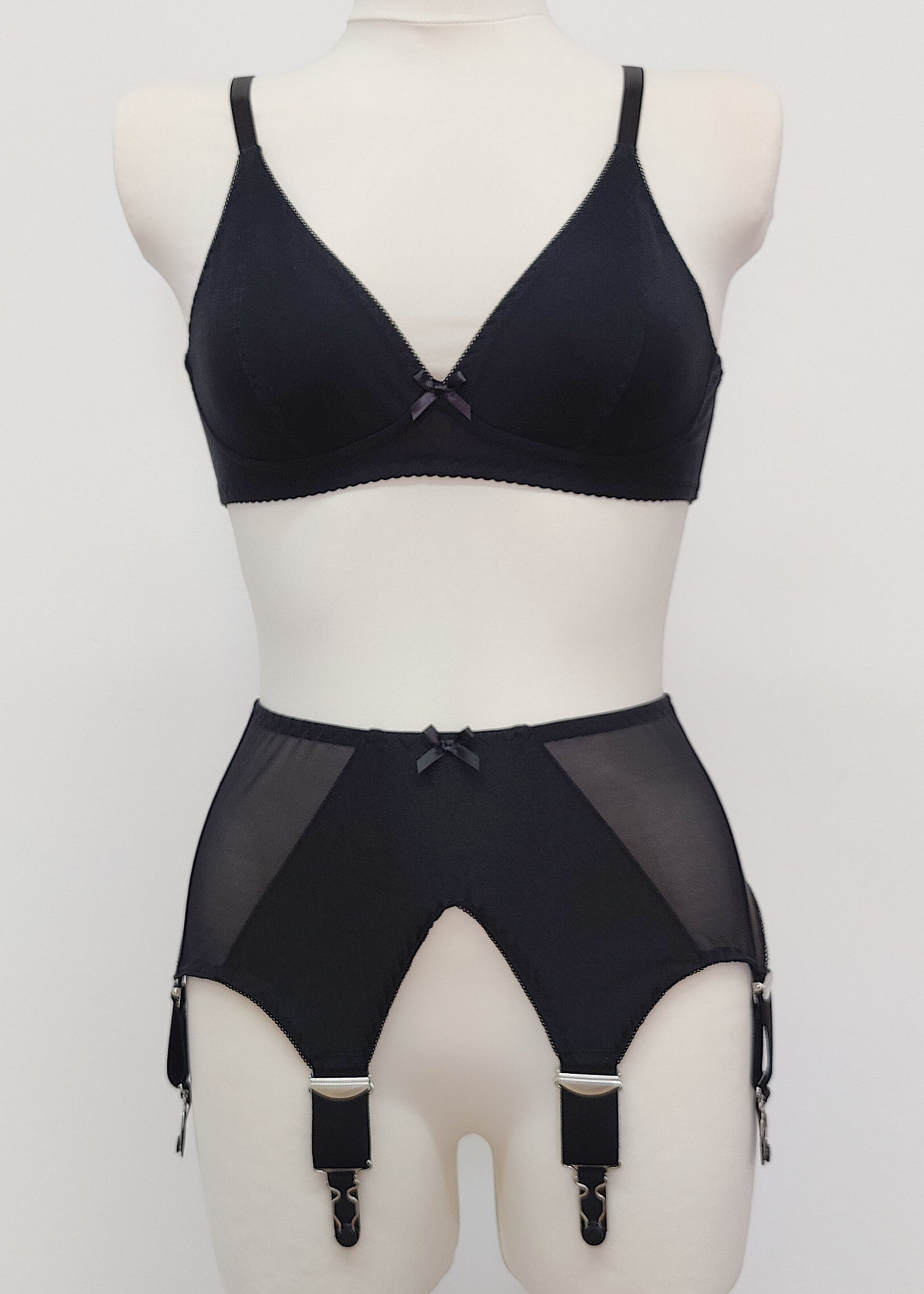wide, vintage style, Grace garter belt, black with 6 extra wide straps and mesh panels. here shown with black cotton Olivia bralette