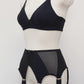 wide, vintage style, Grace garter belt, black with 6 extra wide straps and mesh panels. here shown with black cotton Olivia bralette, side view
