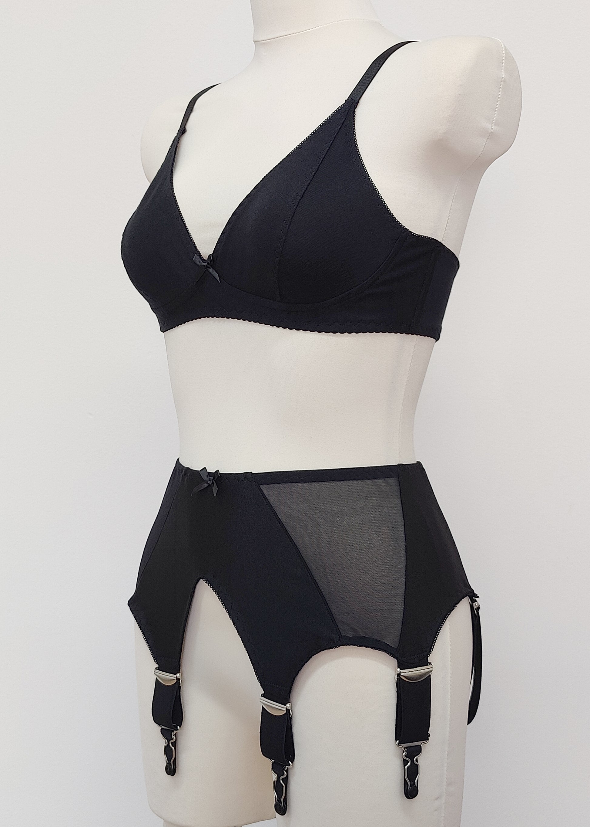 wide, vintage style, Grace garter belt, black with 6 extra wide straps and mesh panels. here shown with black cotton Olivia bralette, side view