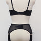 wide, vintage style, Grace garter belt, black with 6 extra wide straps and mesh panels. here shown with black cotton Olivia bralette, back view